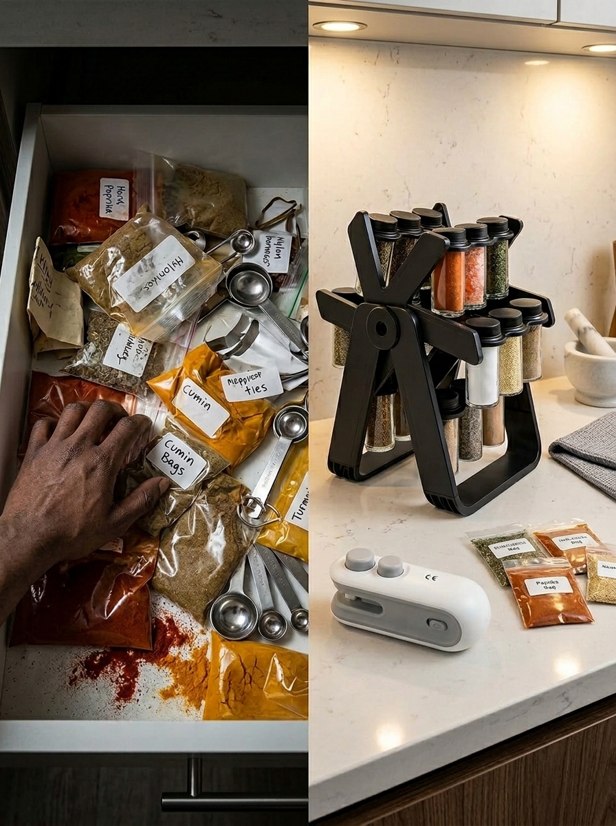 Before messy spice drawer vs after KFS organized rack